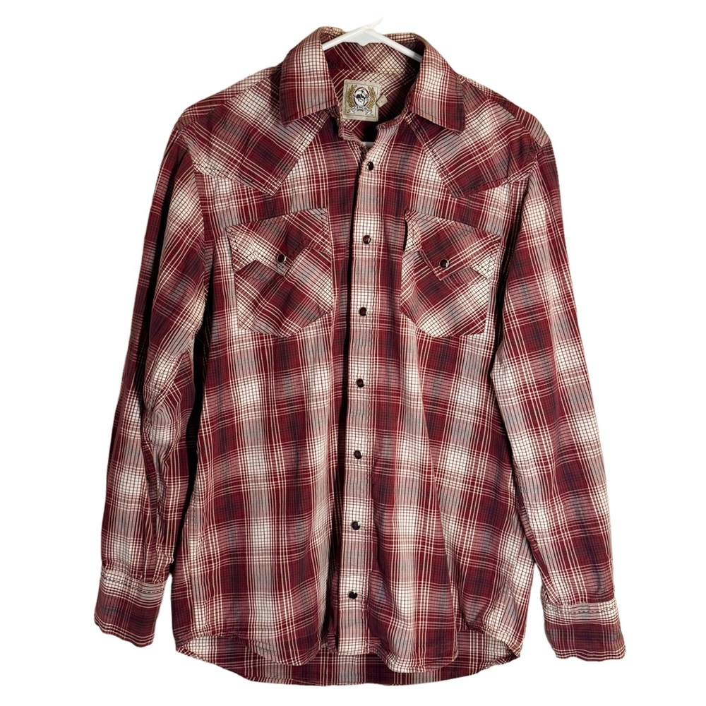 Cinch Western Snap Shirt Long Sleeve Cotton Red Plaid Pointed Pockets